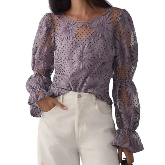 Anthropologie Tops - Anthropologie Eva Franco Purple 3D Flower Sheer Puff Sleeve Top sz XS NEW Tags